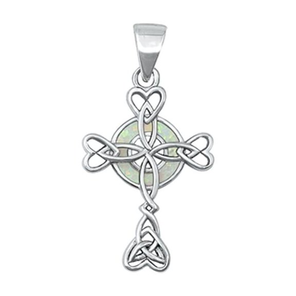 Sterling Silver Celtic Heart Cross White Simulated Opal Pendant Charm Jewelry Female Unisex