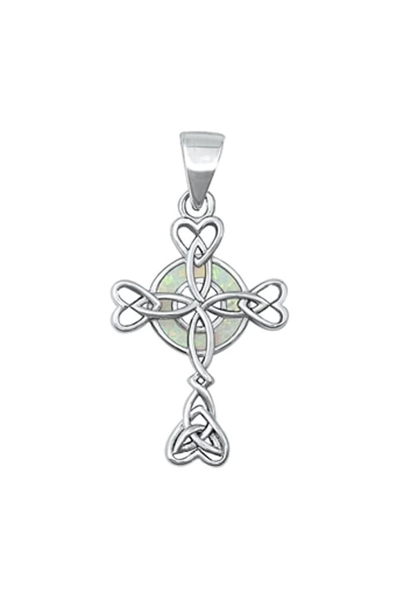 Sterling Silver Celtic Heart Cross White Simulated Opal Pendant Charm Jewelry Female Unisex