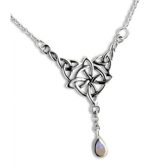Sterling Silver Celtic Knot Four Point North Star with Genuine Rainbow Moonstone Drop 17" Adjustable Necklace