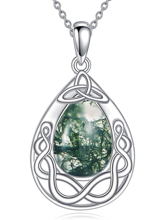 Sterling Silver Celtic Knot Irish Moss Agate Women's Pendant Necklace Natural Moss Agate Jewelry Gift for Ladies Birthday Valentine's Day Lobster Pendant Christmas St. Patrick's Day