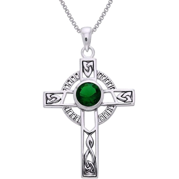 Sterling Silver Celtic Knotwork Cross with Emerald Green Glass Pendant on 18 Inch Box Chain Necklace