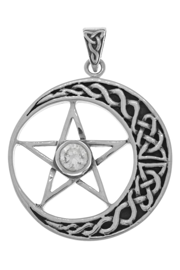Sterling Silver Celtic Moon and Star Pentacle Pendant with CZ
