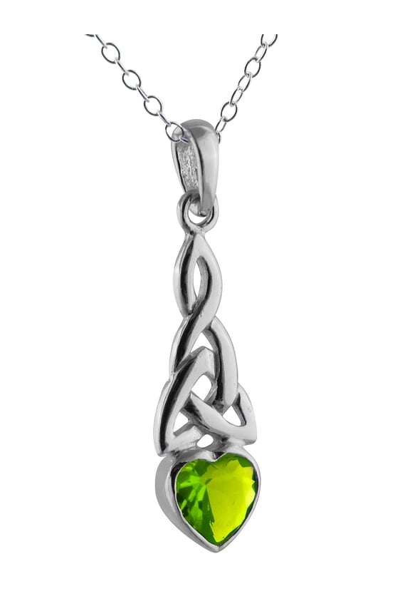Sterling Silver Celtic Trinity Knot CZ Heart Pendant Necklace, 18", August Birthstone Peridot