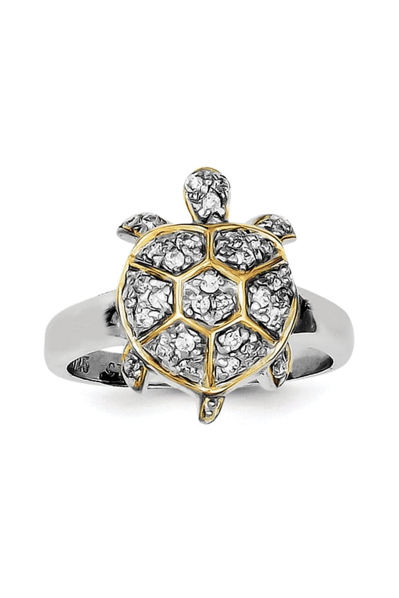 Sterling Silver Center Cubic Zirconia and Flash Gold-Plated Turtle Ring