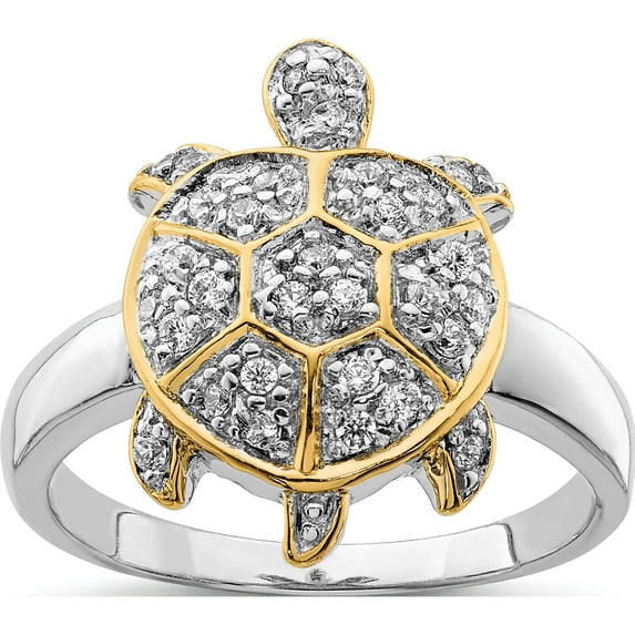 Sterling Silver Center Cz And Flash Gold-Plated Turtle Ring (Size 8) Made In China qr2808-8