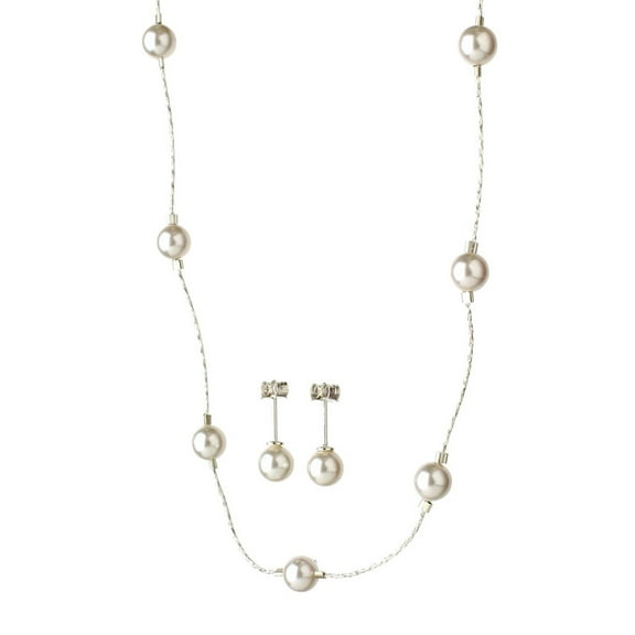 Sterling Silver Chain Simulated Pearl Station Necklace Earrings Made with Swarovski Crystals, 16"