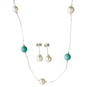 Sterling Silver Chain Station Necklace Set, Crystal Simulated Pearl Simulated Turquoise Stone, 20"