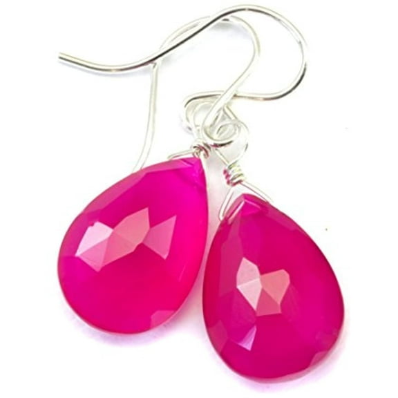 Sterling Silver Chalcedony Earrings Hot Pink Magenta Fuscia Faceted Pear Teardrops Simple Briolette Dangles Designed for Adult Women