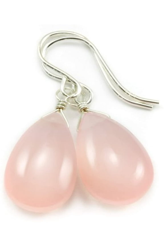 Sterling Silver Chalcedony Earrings Pink Smooth Pear Drop Shape Soft Pale Pink Designed for Adult Women