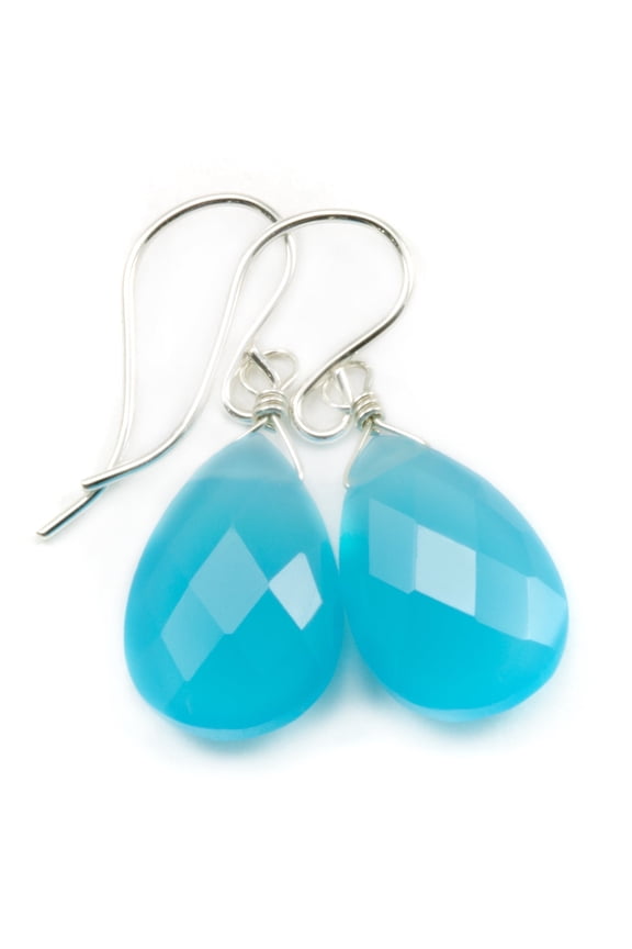 Sterling Silver Chalcedony Earrings Sky Blue Faceted Cut Pear Shape Teardrop Designed for Adult Women