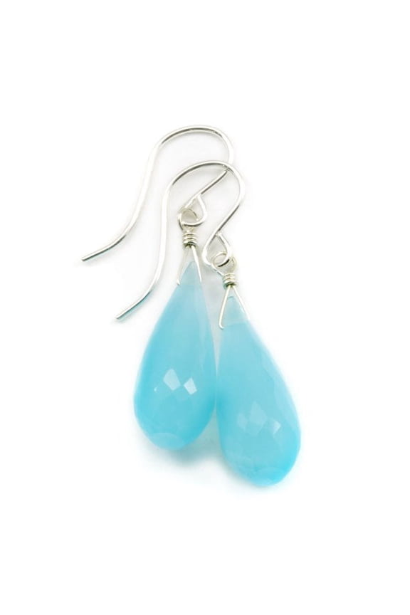 Sterling Silver Chalcedony Earrings Soft Blue Faceted Cut Long Rounded Briolette Shape Teardrop Designed for Adult Women