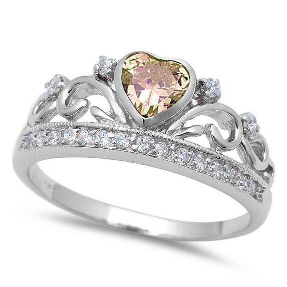 Sterling Silver Champagne & Clear CZ Heart Filigree Crown Ring Size 5