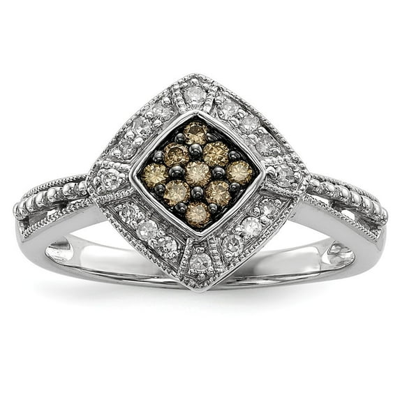 Sterling Silver Champagne Diamond and Small Diamond Shape Ring - Size 7 - Measures 12.4mm Wide