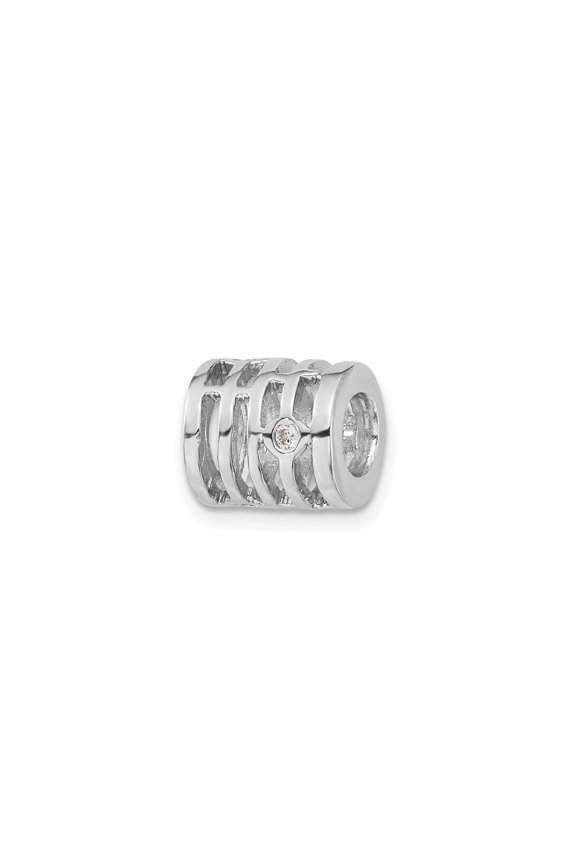 Sterling Silver Charm Bead for Women with Openwork Linear Design and Clear Cubic Zirconia, Modern Minimalist Accent for Elegant Bracelet Jewelry