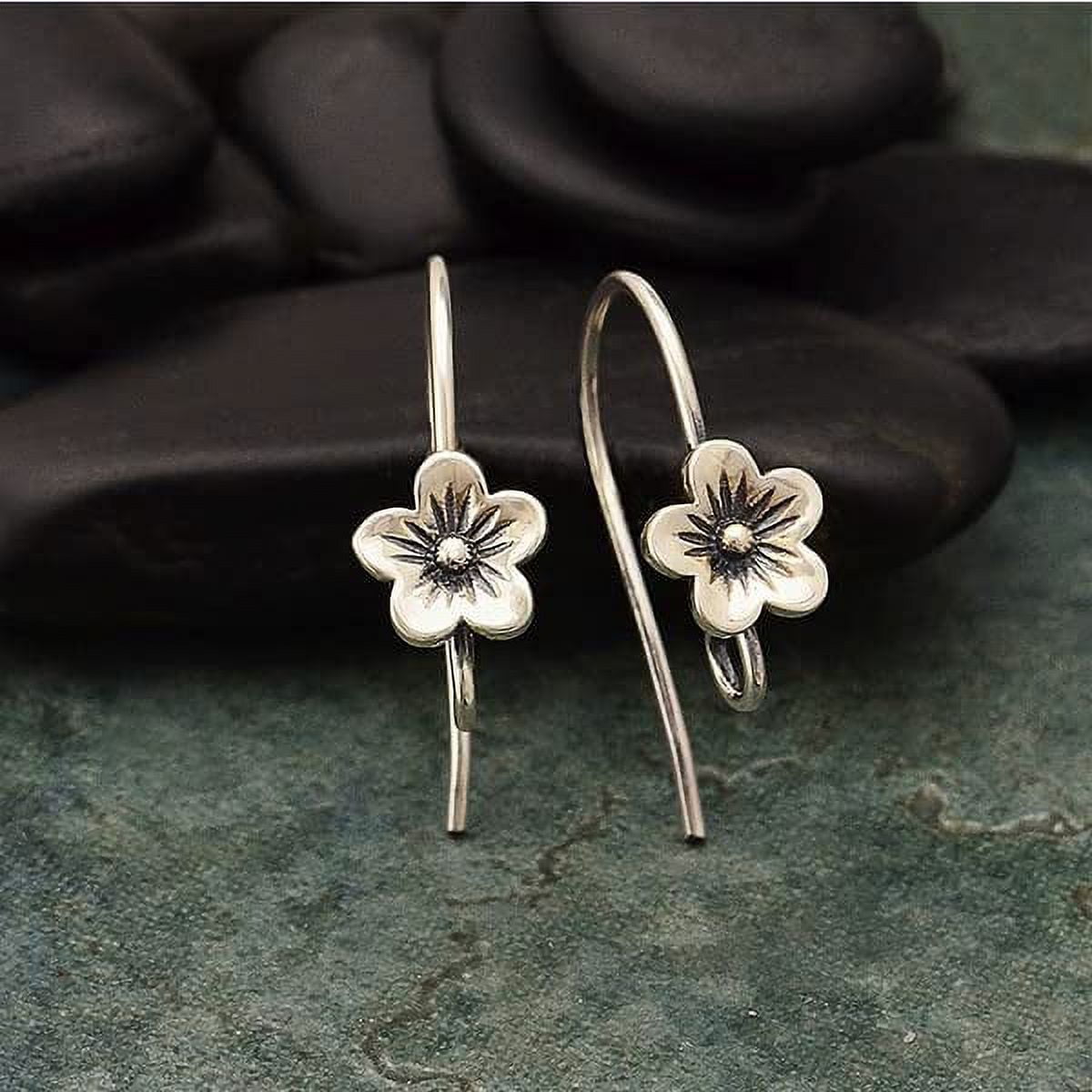 Sterling Silver Cherry Blossom Hook Earring with Loop - Flower Earring - One Pair - Nature Earring - Solid 925 Silver Flower Earrings 7x20mm (Pair)
