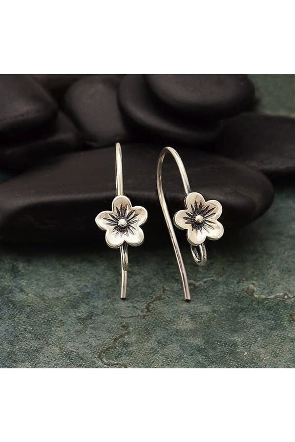 Sterling Silver Cherry Blossom Hook Earring with Loop - Flower Earring - One Pair - Nature Earring - Solid 925 Silver Flower Earrings 7x20mm (Pair)
