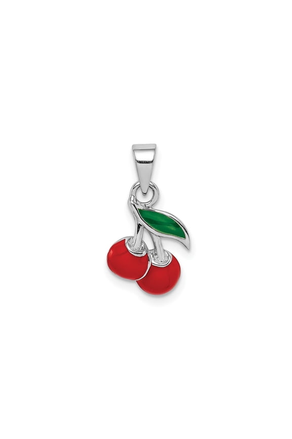 925 Sterling Silver Cherry Enamel Pendant Charm with Red Cherries and Green Leaf