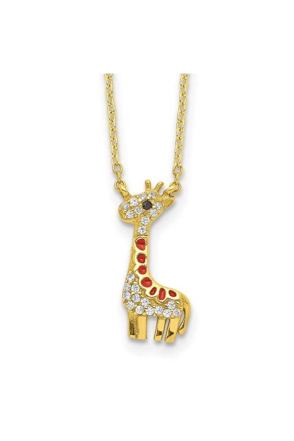 Sterling Silver Cheryl M Gold-plated Black & White CZ Enameled Giraffe Necklace