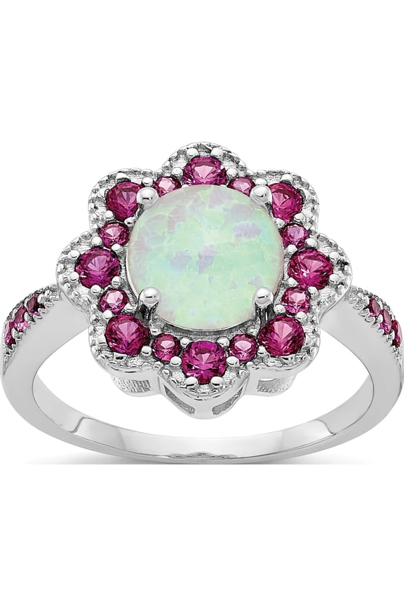 Sterling Silver Cheryl M Rh-P Created Opal Red Nano Crystal Flower Ring (Size 7) Made In China qcm1569-7