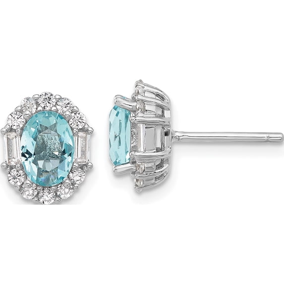 Sterling Silver Cheryl M Rhodium-Plated Blue & White Brilliant-Cut And Emerald-Cut Cz Oval Post Earrings (Width 8.6) (Length 10.4) - Jbsp