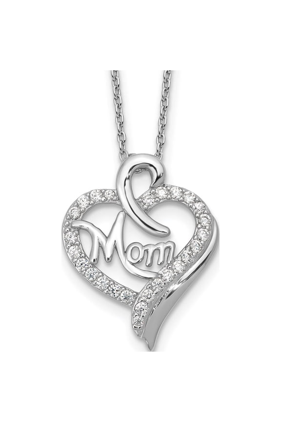 Cheryl M Sterling Silver Rhodium-plated Brilliant-cut CZ MOM Heart 18 Inch Necklace with 2 Inch Extender