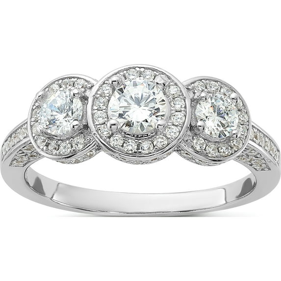 Sterling Silver Cheryl M Rhodium-Plated Brilliant-Cut Cz Three Stone Halo W/ Side Stones Ringsize 7 (Width 7.7) - Jbsp