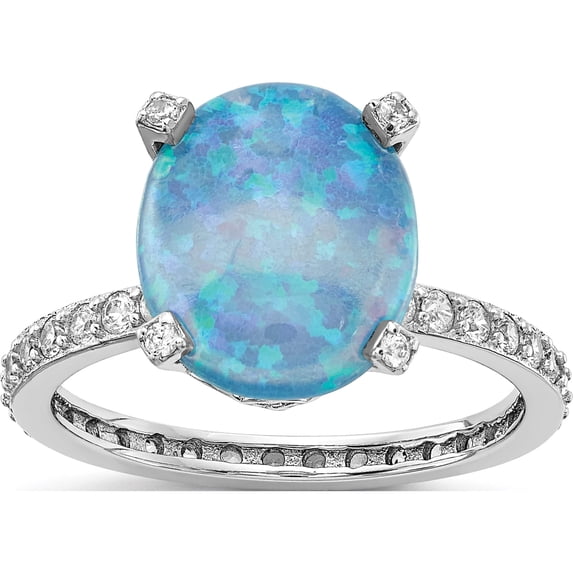 Sterling Silver Cheryl M Rhodium-Plated Cz And Created Blue Opal Ring (Size 8) Made In China qcm1450-8