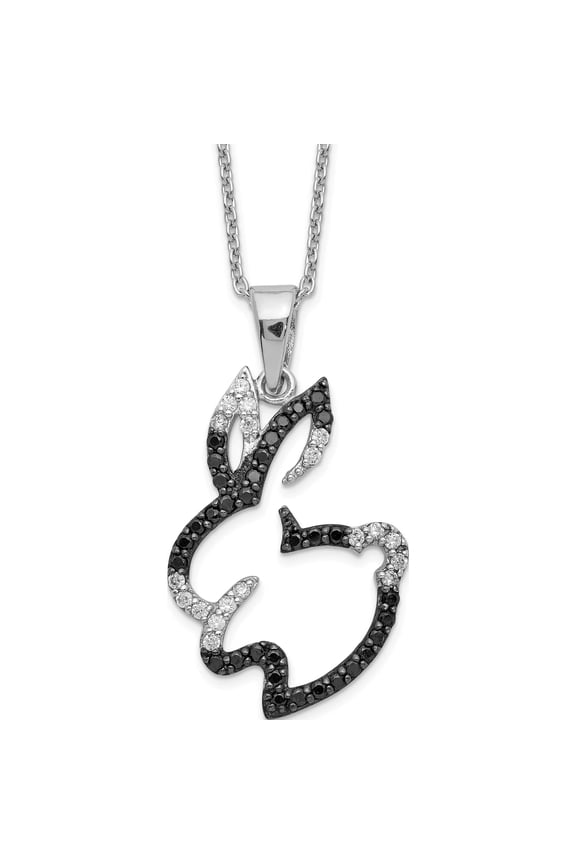Cheryl M Sterling Silver Rhodium-plated with Black Rhodium Accent Brilliant-cut Black and White CZ Bunny Rabbit 18 Inch Necklace