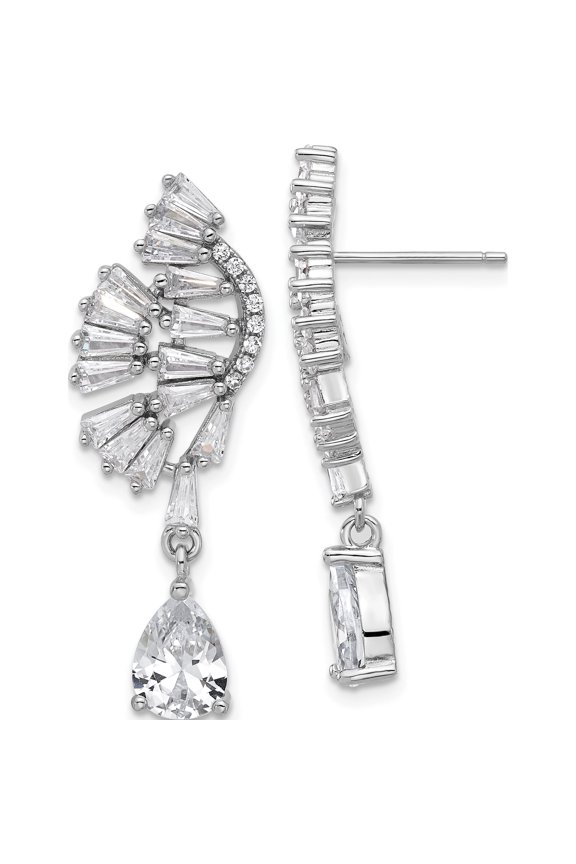 Sterling Silver Cheryl M Rhodium-Plated Fancy Brilliant-Cut & Tapered Baguette-Cut Cz Post Dangle Earrings (Width 12) (Length 34.2) - Jbsp