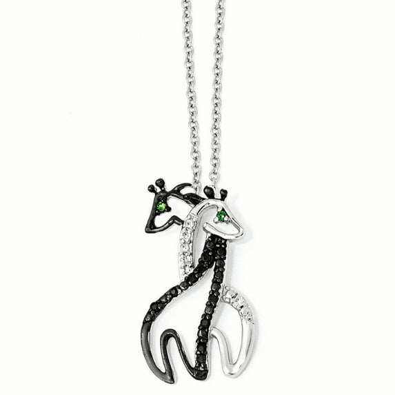 Sterling Silver Cheryl M Rhodium-plated Black White & Green CZ Giraffes Necklace