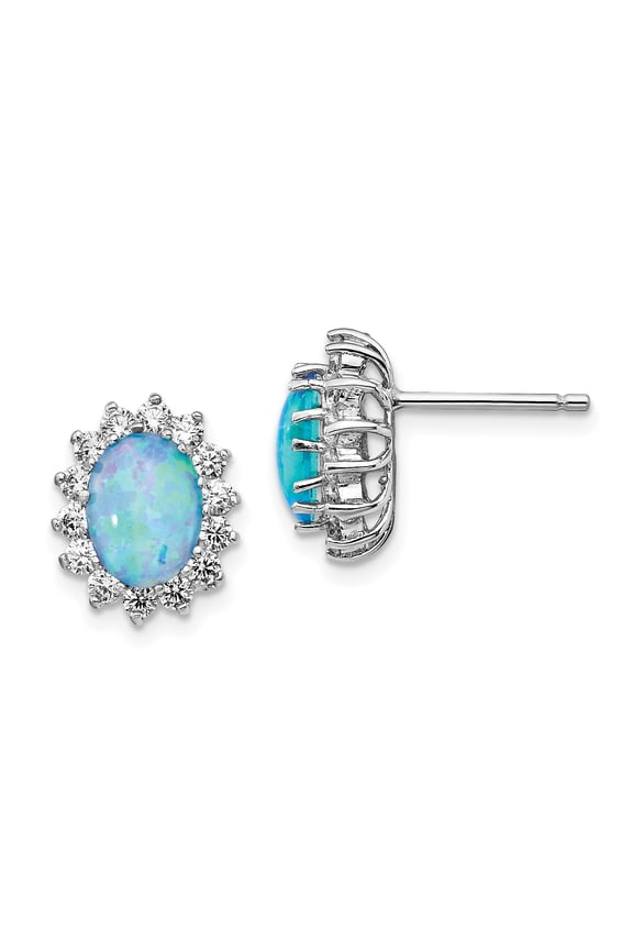 Sterling Silver Rhodium-plated Cabochon Lab Created Blue Opal and Brilliant-cut CZ Post Earrings