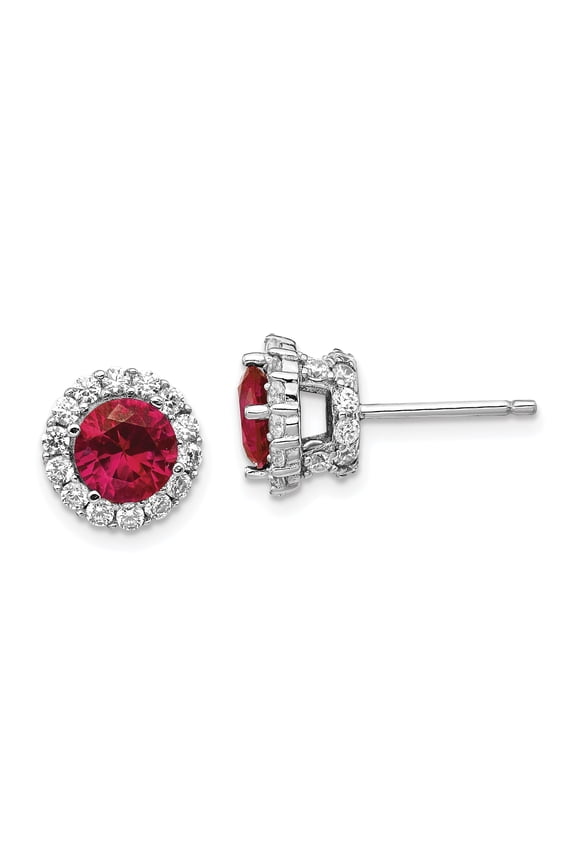 Sterling Silver Rhodium-plated Brilliant-cut Lab Created Ruby and Brilliant-cut White CZ Round Halo Post Earrings