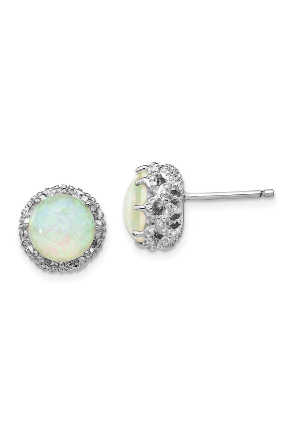 Sterling Silver Rhodium-plated Cabochon Lab Created Opal and Brilliant-cut CZ Post Stud Earrings