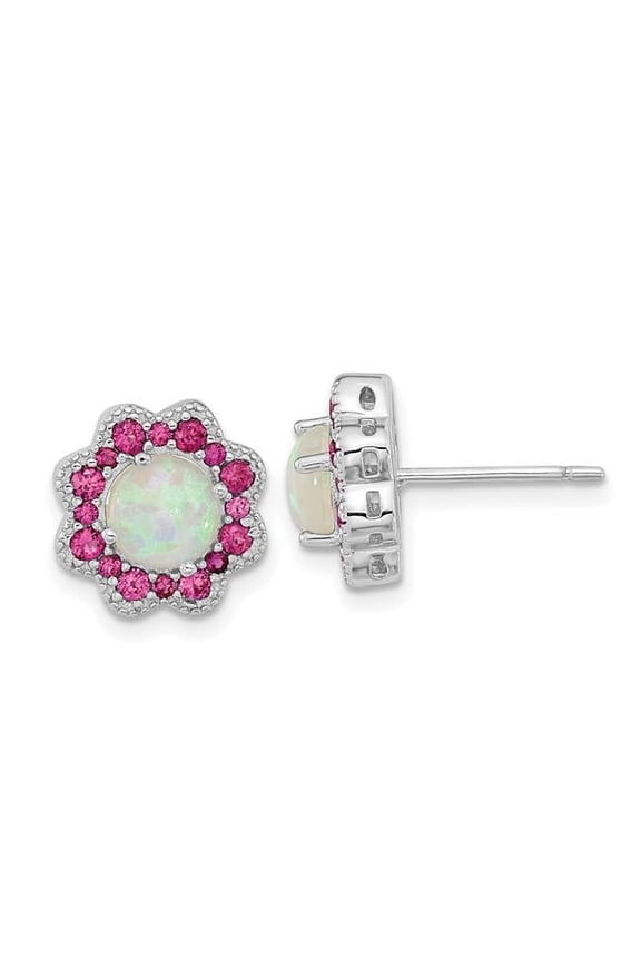 Sterling Silver Cheryl M Rhodium-plated Created Opal & Red Nano Crystal Flower Post Earrings