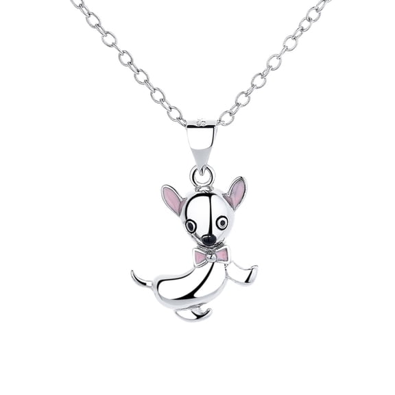 Amy and Annette Sterling Silver Chihuahua With Pink Bowtie Dog Necklace