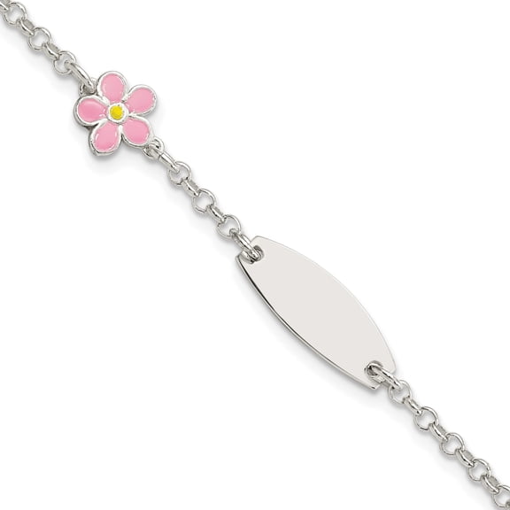 Sterling Silver Childrens Enameled Flower 5.5In Plus 1In Ext Id Bracelet (Width 7) (Length 5.5) - Jbsp