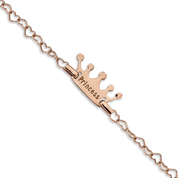 Sterling Silver Childrens Rose-tone Princess Crown Heart Link Bracelet (Weight: 1.46 Grams, Length: 6 Inches)