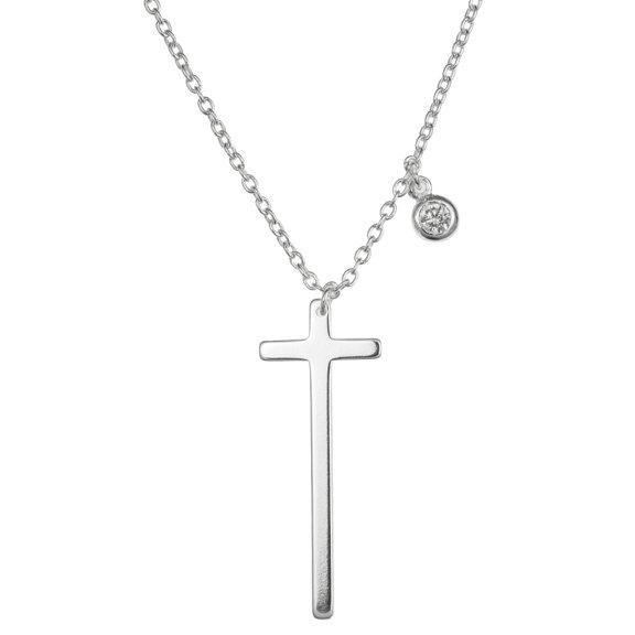 Queenberry Sterling Silver Christian Cross Faith Round Clear Cz Dangle Charm Chain Necklace 16'' + 1'' Extender