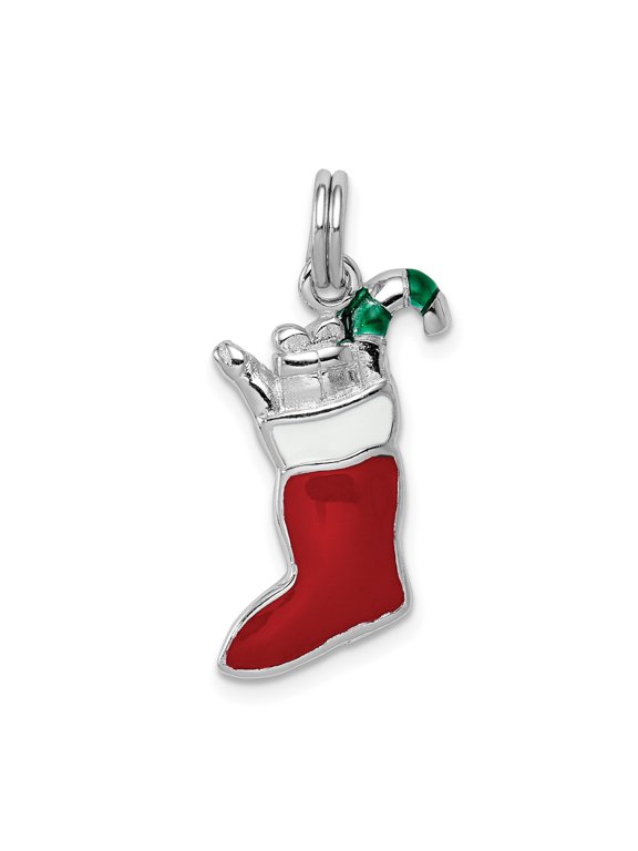 Sterling Silver Christmas Stocking Pendant with Red Enamel, Green Candy Cane, Holiday Charm for Women, Festive Winter Jewelry, Symbol of Joy and Celebration