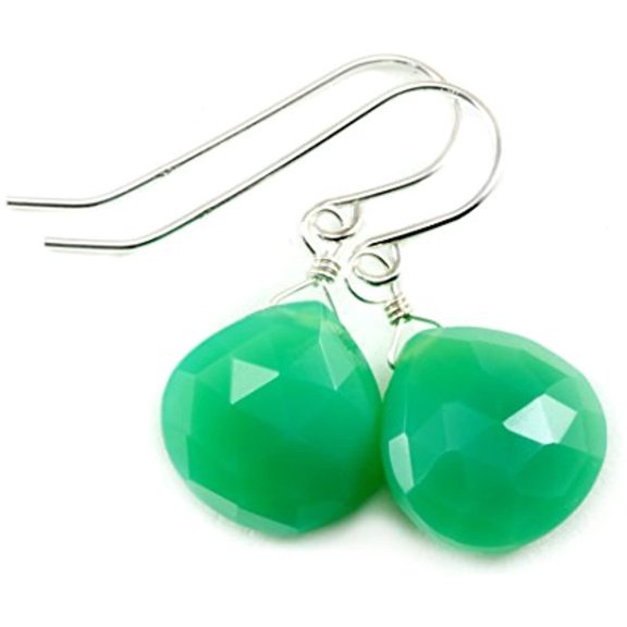 Sterling Silver Chrysoprase Green Earrings Faceted Briolette Heart Teardrop Dangles Designed for Adult Women
