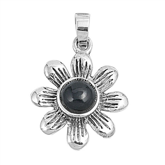 Sterling Silver Circle Detailed Petal Flower Pendant Black Simulated Onyx Charm Jewelry Female