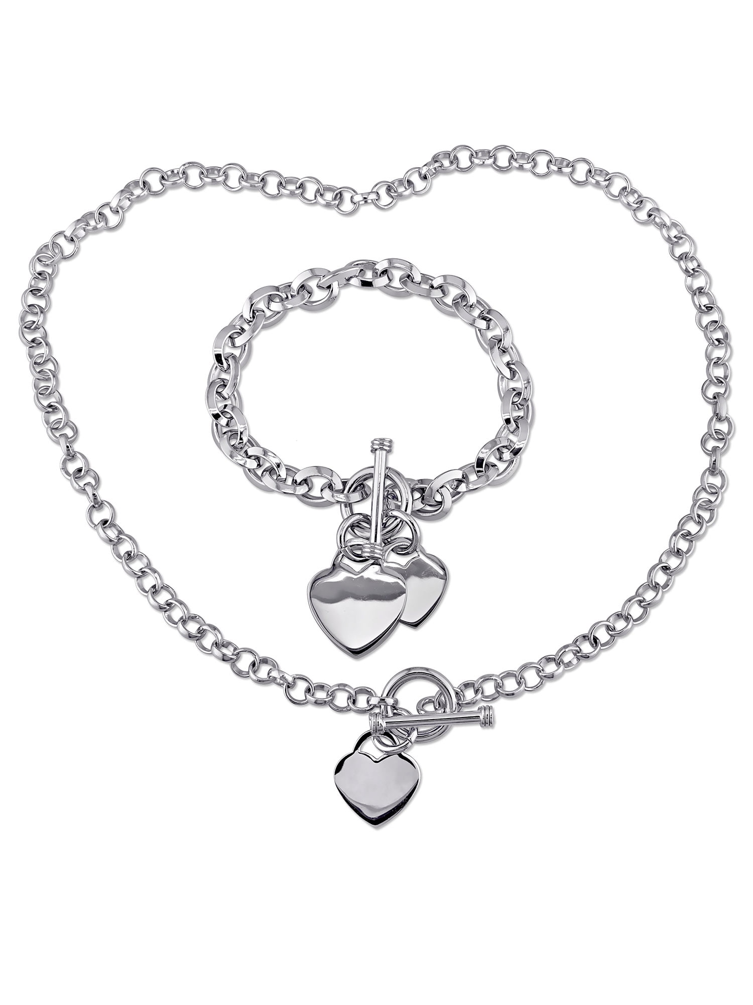 Sterling Silver Circle Link Heart Charm Bracelet and Necklace Set, 7.5, 18
