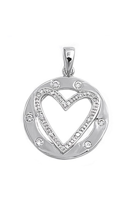Sterling Silver Circle Promise Heart Pendant Clear Cubic Zirconia Charm Jewelry Female Unisex