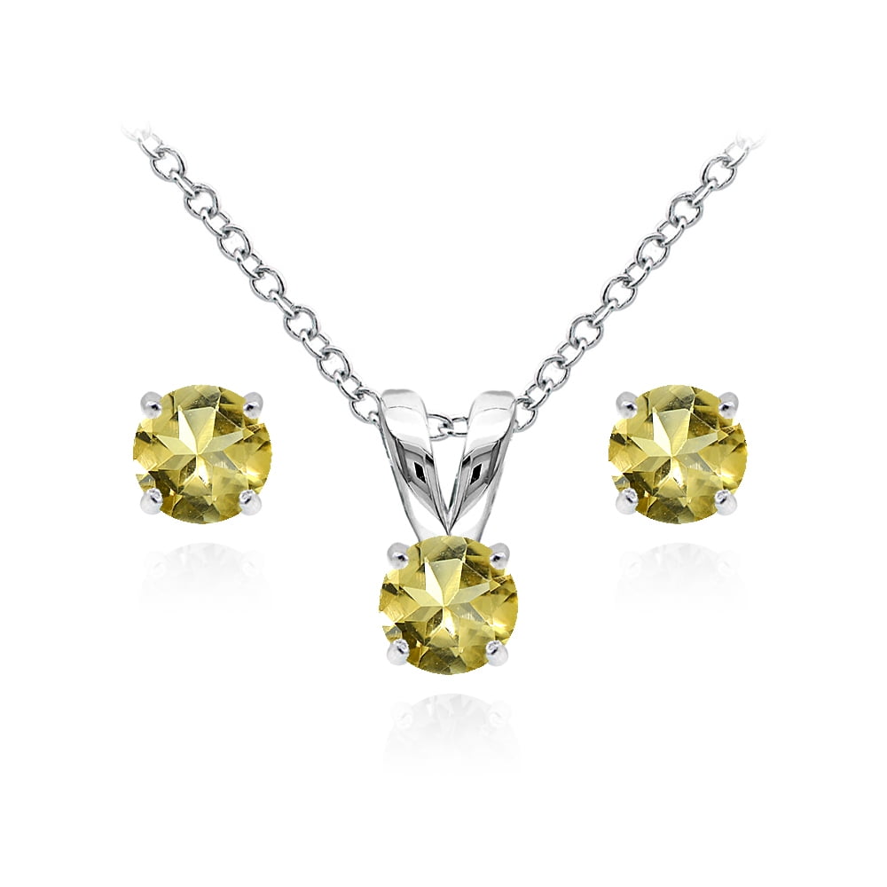 Sterling Silver Citrine 5mm Round Solitaire Pendant Necklace & Stud Earrings Set