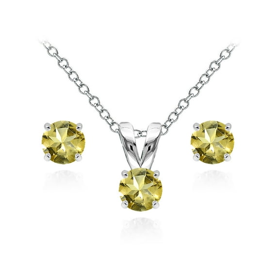 Sterling Silver Citrine 5mm Round Solitaire Pendant Necklace & Stud Earrings Set