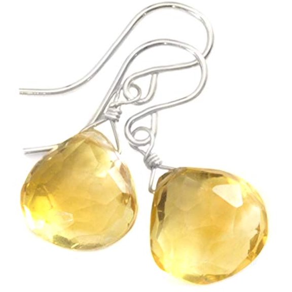 Sterling Silver Citrine Earrings Yellow Faceted Heart Dainty Simple Dangles Drops Designed for Adult Women