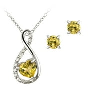Sterling Silver Citrine Infinity Heart Pendant Necklace & Stud Earrings Set