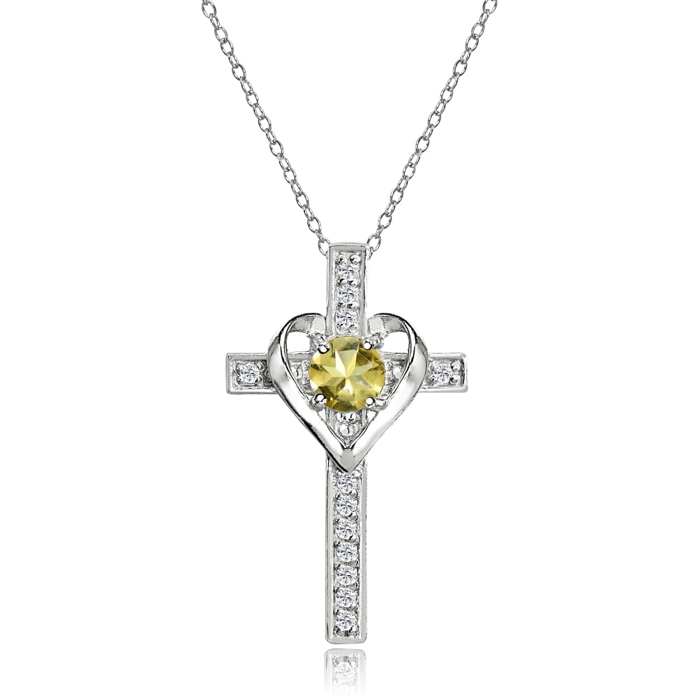 Sterling Silver Citrine and White Topaz Heart Cross Birthstone Pendant Necklace