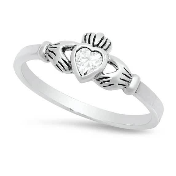 Sterling Silver Claddagh April Birthstone CZ Promise Ring 9 Made in Italy + Cleaning Cloth