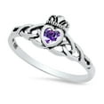 thumbnail image 1 of Sterling Silver Claddagh February Birthstone Amethyst CZ Promise Ring 7 Made in Italy + Cloth, 1 of 6